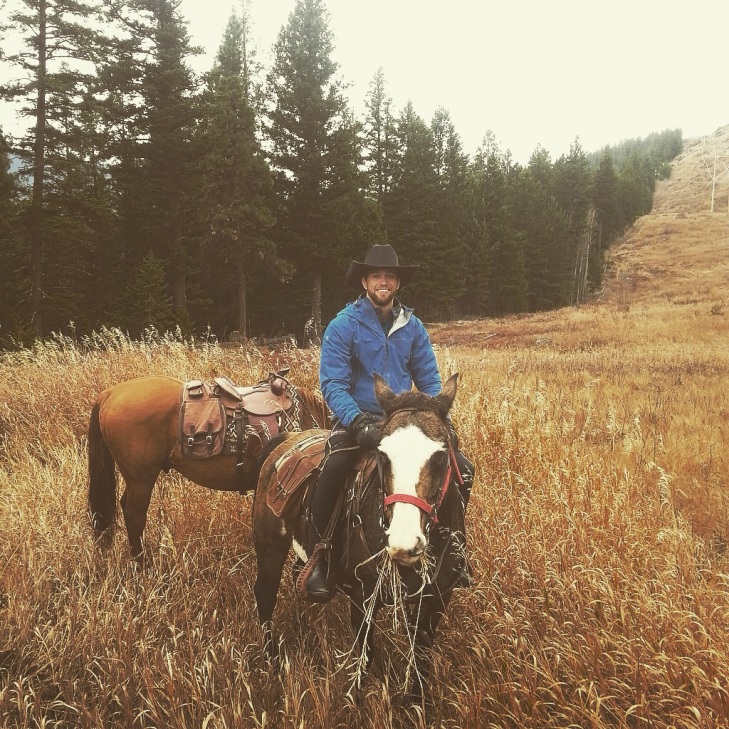 Riding into the mountainous valley around Clinton on my horse 'Cher'.