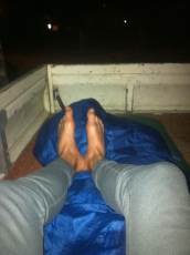 Kipping in the back of the pick up truck for the night.